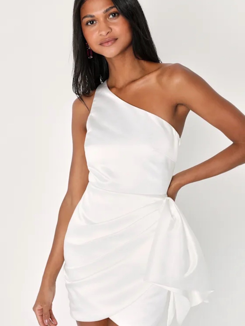 Lulu’s All About Her White Satin One-Shoulder Bow Mini Dress size XS NWT